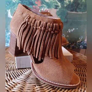 Sbicca Brown Suede Fringe Peep-Toe Block Heel Bootie